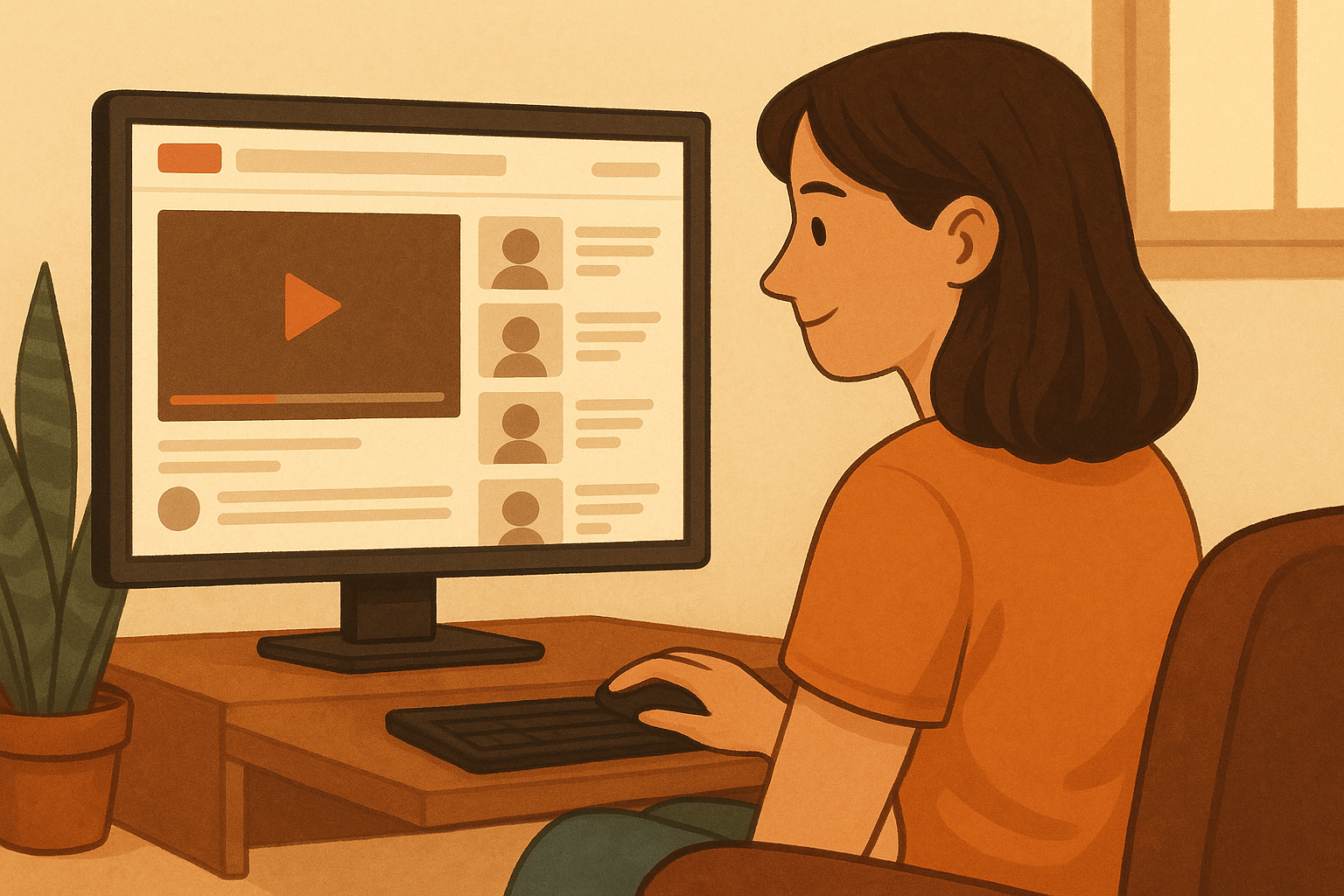 A learner comfortably watching language learning content